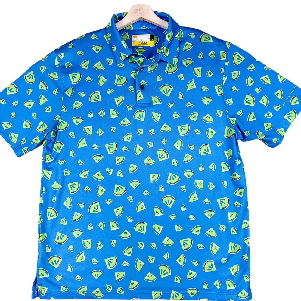 Nicklaus Polo Shirt Mens Large Blue Watermelon Print‎ Golf Eco Choice Stretch